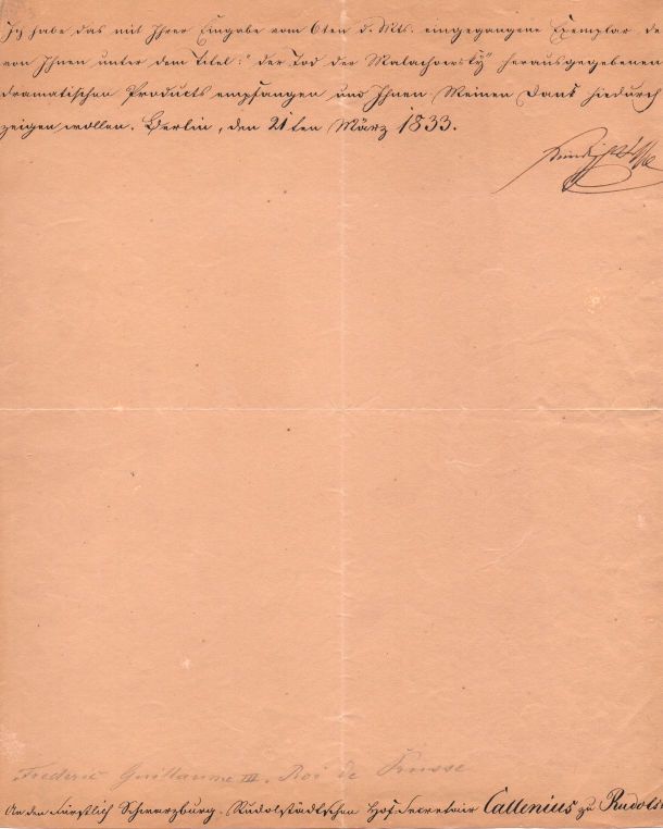 FRIEDRICH WILHELM III — Document signed 'Friedrich Wilhelm' to Herr Callenius, | Sophie Dupré Autographs