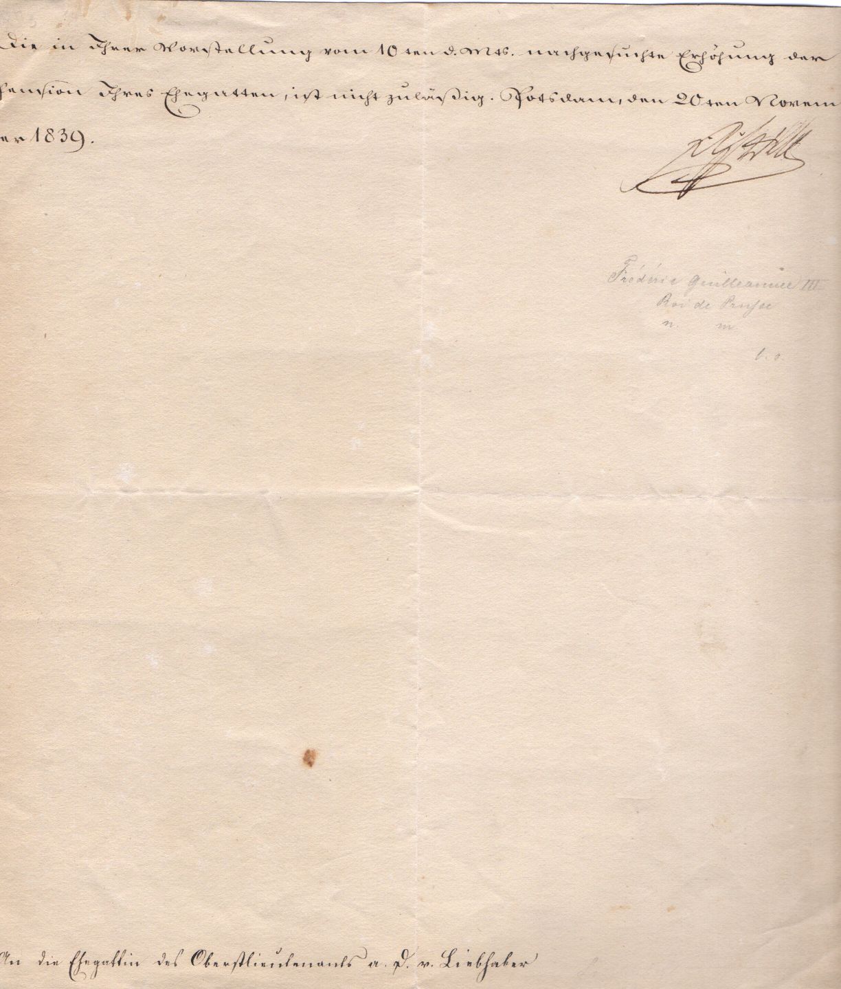 FRIEDRICH WILHELM III — Document signed 'Fr[iedri]ch Wilhe[lm]' to the wife of Lieutenant-Colonel (retired) von Liebhaber, | Sophie Dupré Autographs