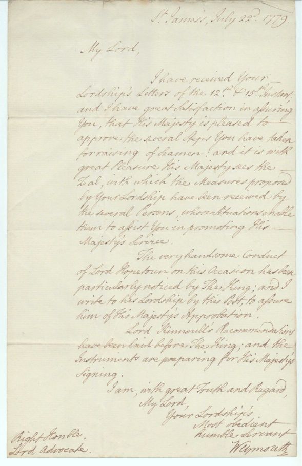 THYNNE — Letter signed to the Lord Advocate, | Sophie Dupré Autographs