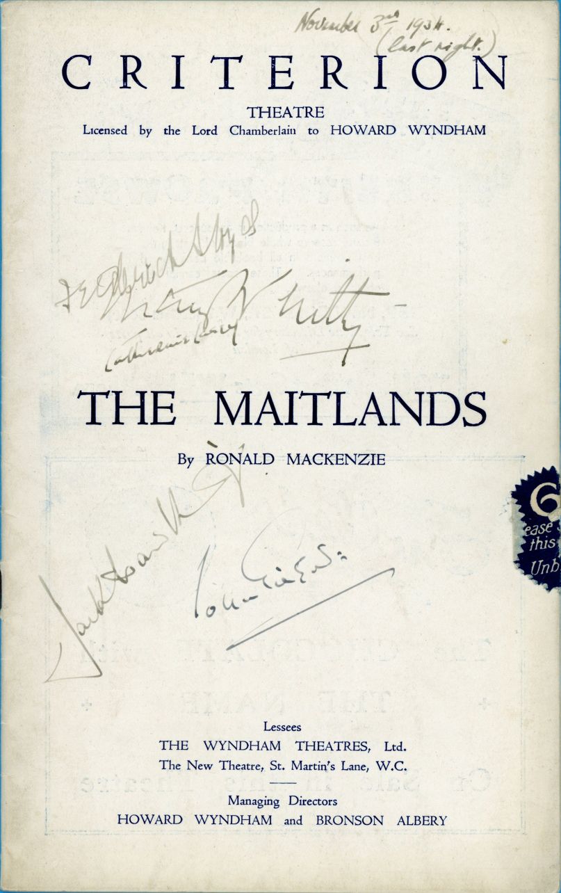 HAWKINS — Fine Criterion Theatre programme signed by the above on the front, | Sophie Dupré Autographs