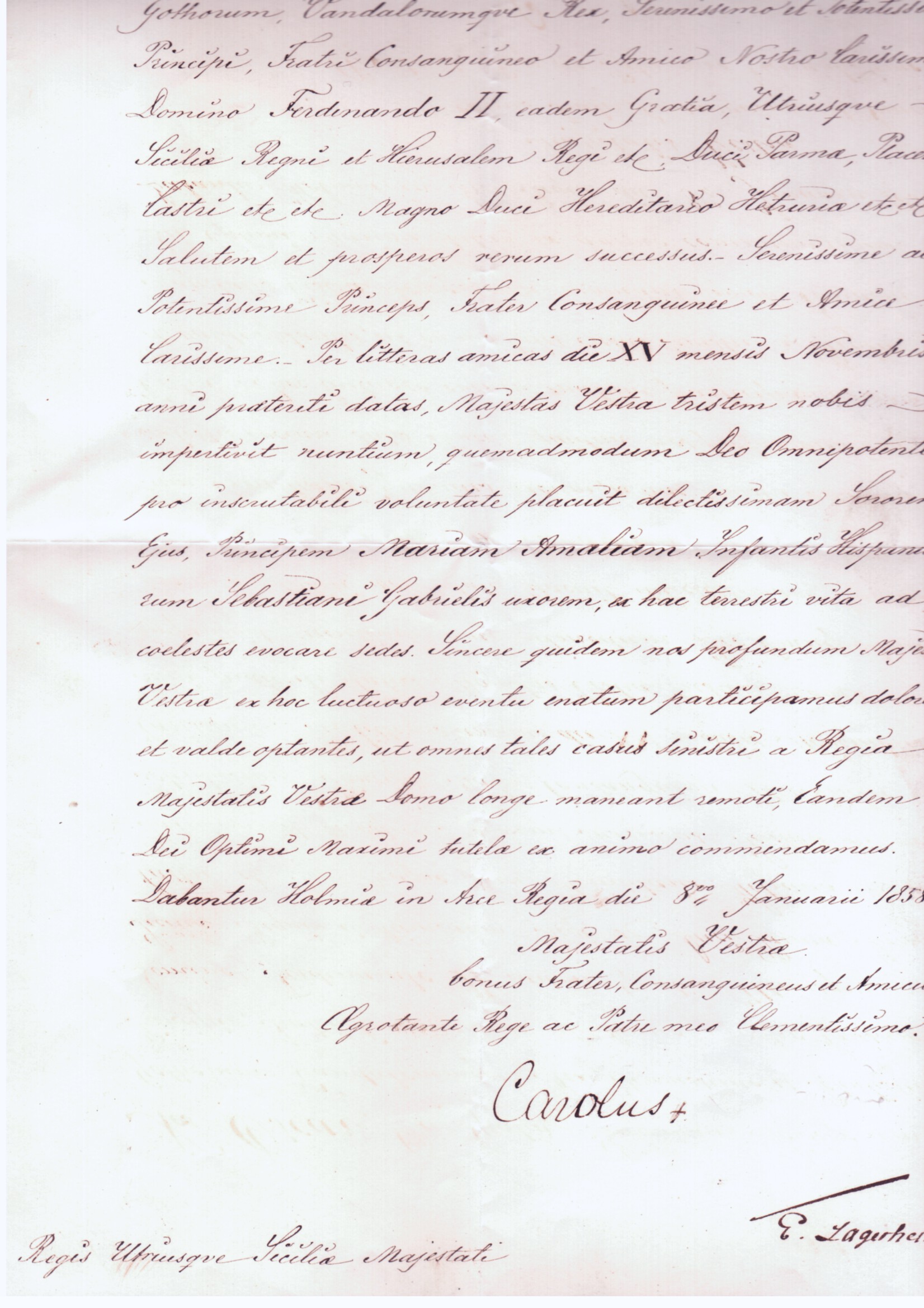 CARL XV — Fine Letter in Latin with translation, signed 'Carolus', as Regent since 25th September 1857 on behalf of his father  OSCAR I | Sophie Dupré Autographs