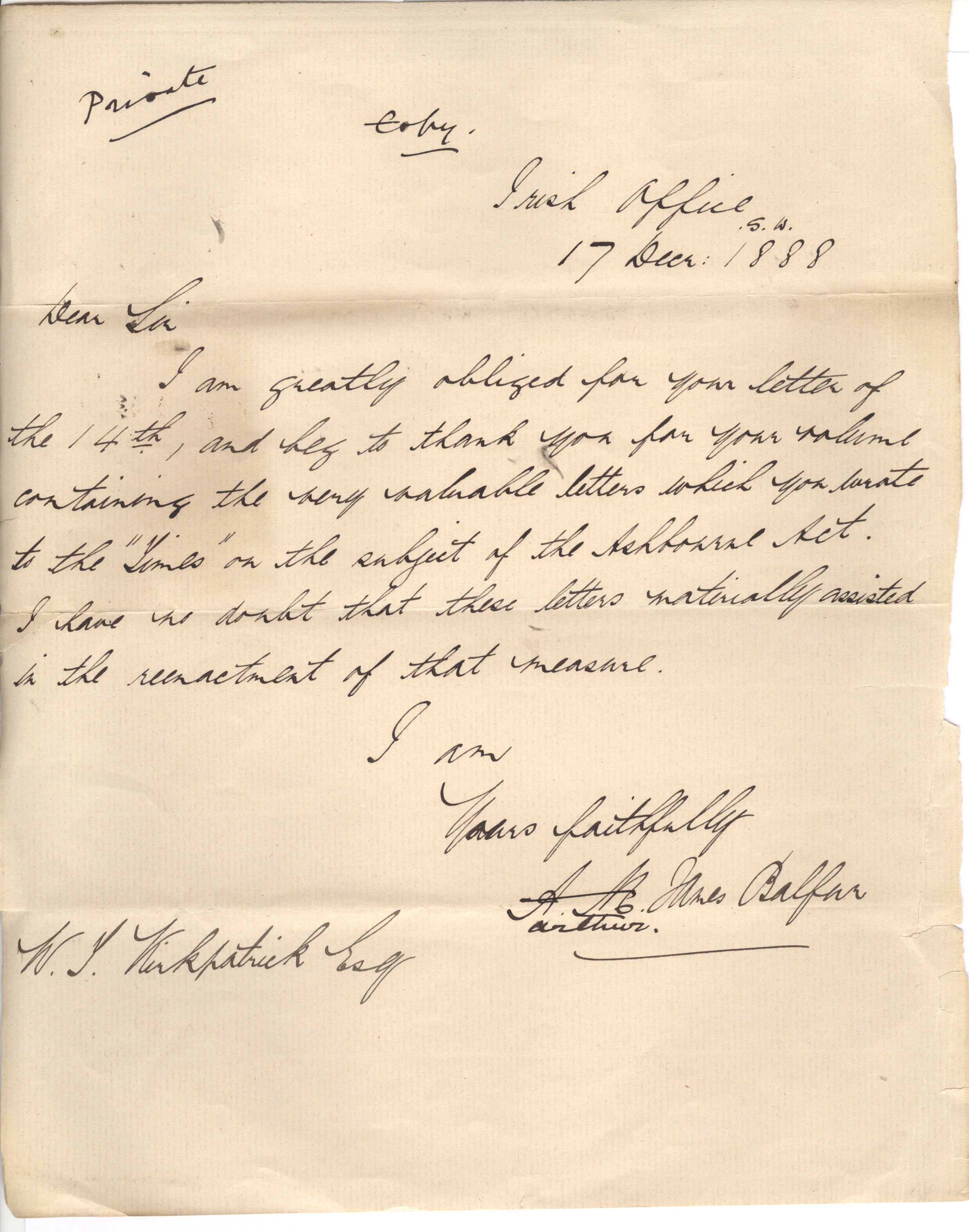 BALFOUR — Copy letter in a secretary's hand | Sophie Dupré Autographs