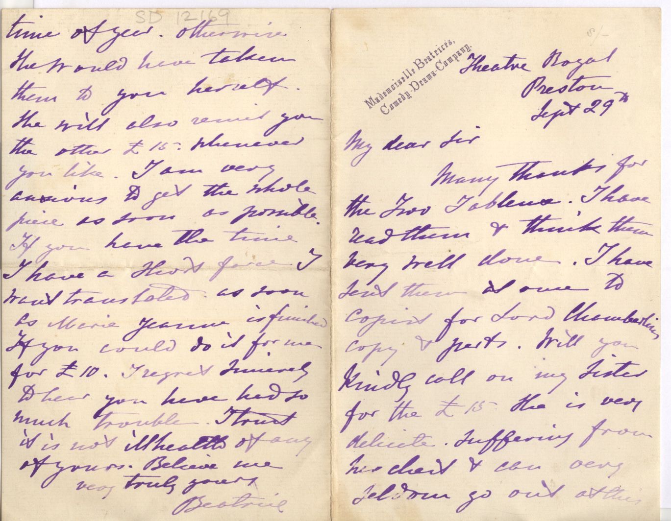 BEATRICE — Autograph Letter Signed 'Beatrice' to 'Dear Sir', | Sophie Dupré Autographs