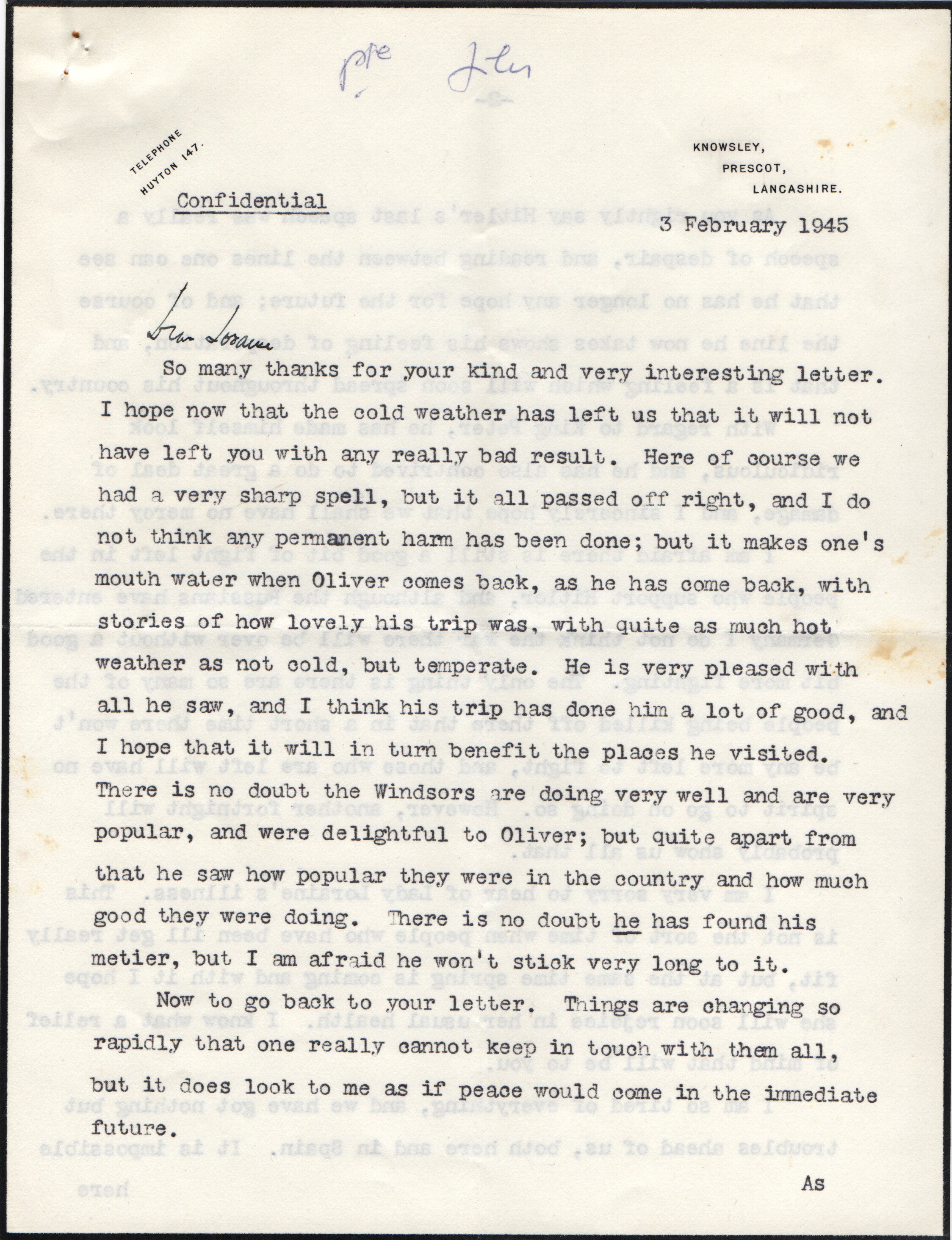 DERBY — 6 Typed Letter Signed 'Yours ever Derby' to  Sir Percy Lyham LORAINE , | Sophie Dupré Autographs