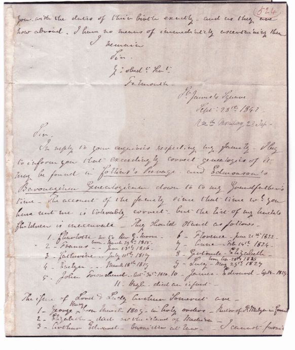 FALMOUTH — Autograph Letter Signed 'Falmouth' to R. Spry, | Sophie Dupré Autographs