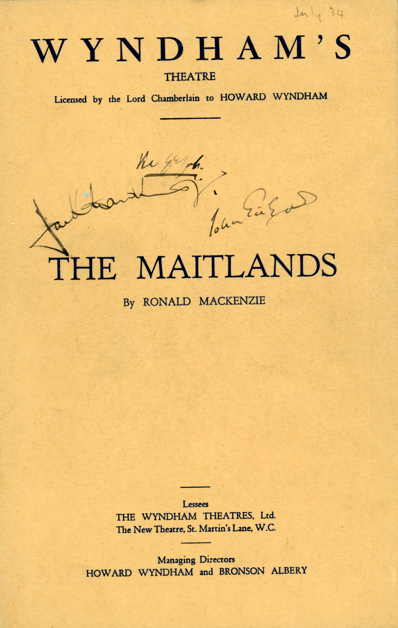 GIELGUD — Programme for 'The Maitlands' signed by both on the front, | Sophie Dupré Autographs