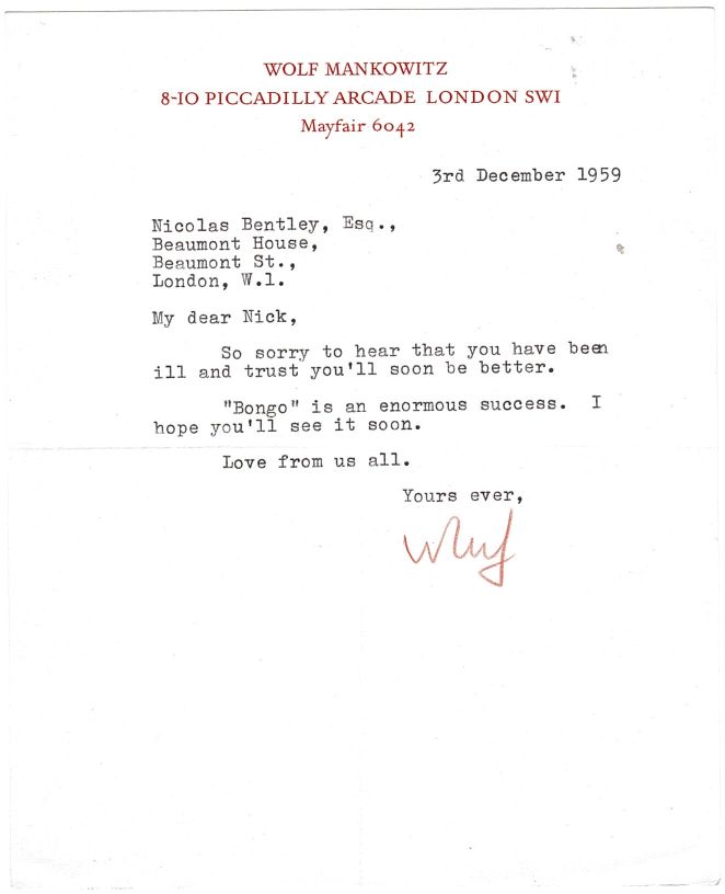 MANKOWITZ — Typed Letter Signed 'Wolf' to  Nicolas Clerihew BENTLEY | Sophie Dupré Autographs