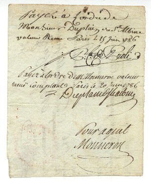 MONNERON — Receipt signed by him on verso of an Order by Mazoir and Company, | Sophie Dupré Autographs