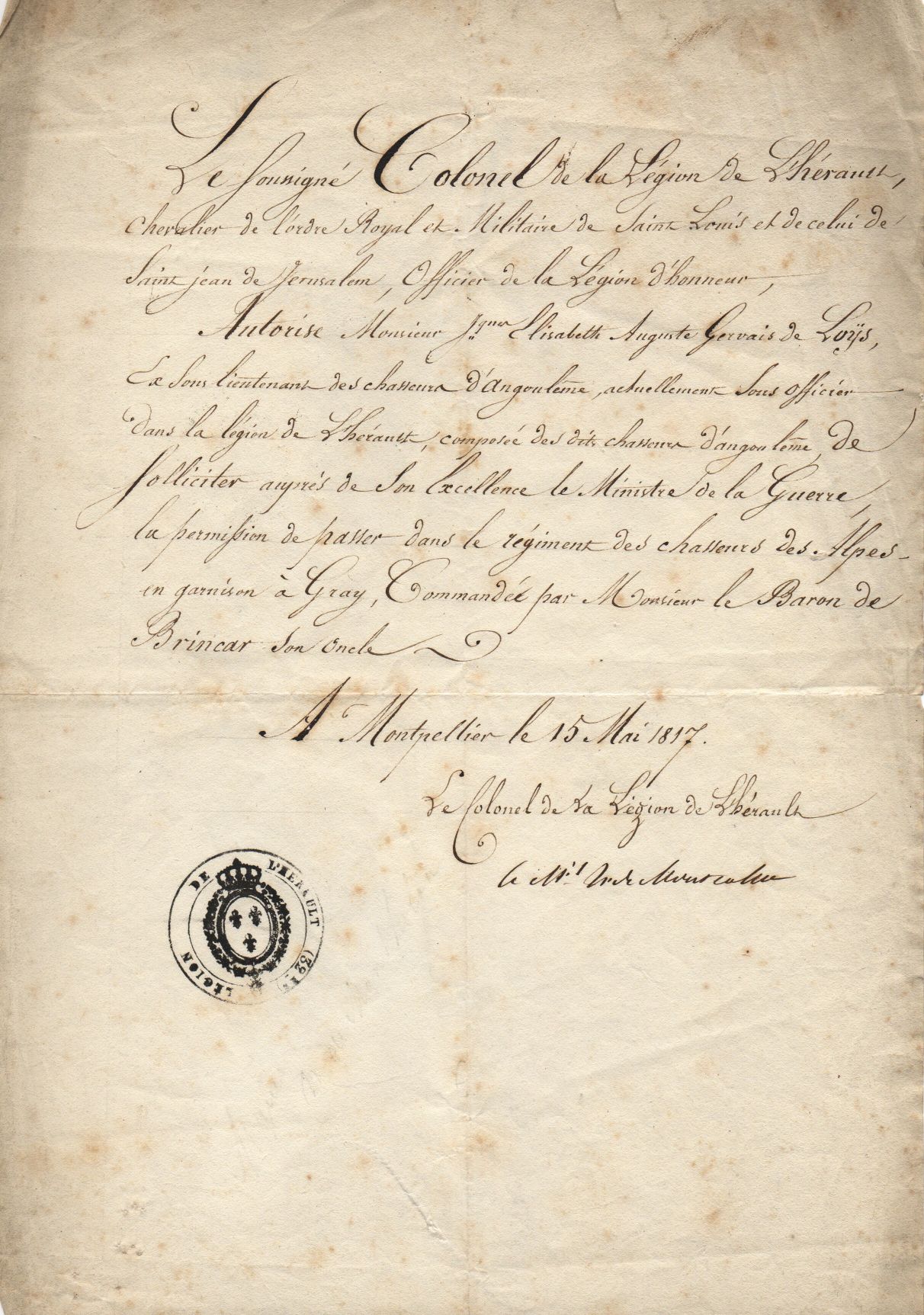 MONTCALM — Document in French with translation, signed 'le M[arqu]is H. de Montcalm' | Sophie Dupré Autographs