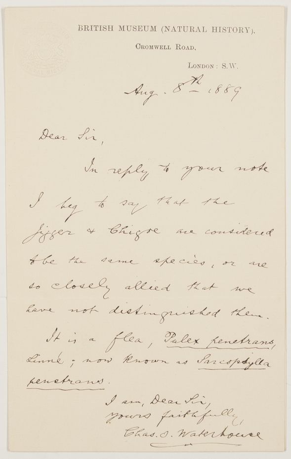 WATERHOUSE — Autograph Letter Signed to  Robert Morton MIDDLETON , jr., F.L.S., F.Z.S., | Sophie Dupré Autographs