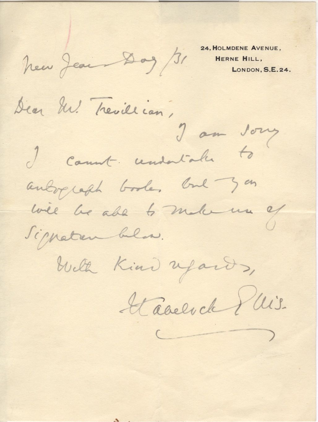 ELLIS — Autograph Letter Signed to Mr Trevillian, | Sophie Dupré Autographs