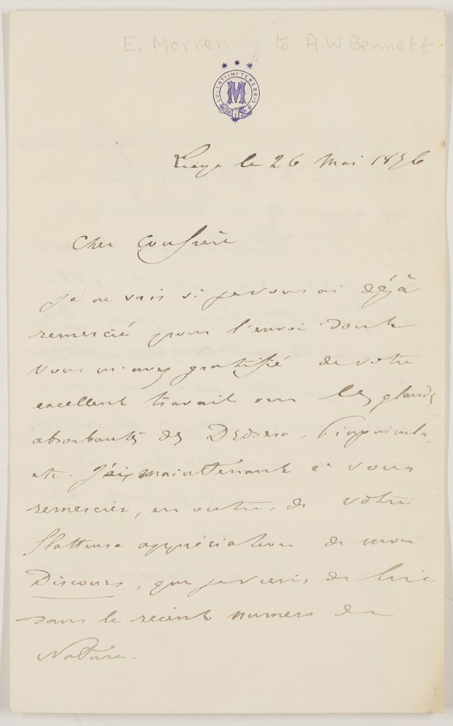 MORREN — Autograph Letter Signed in French with translation, to  Alfred William BENNETT , | Sophie Dupré Autographs