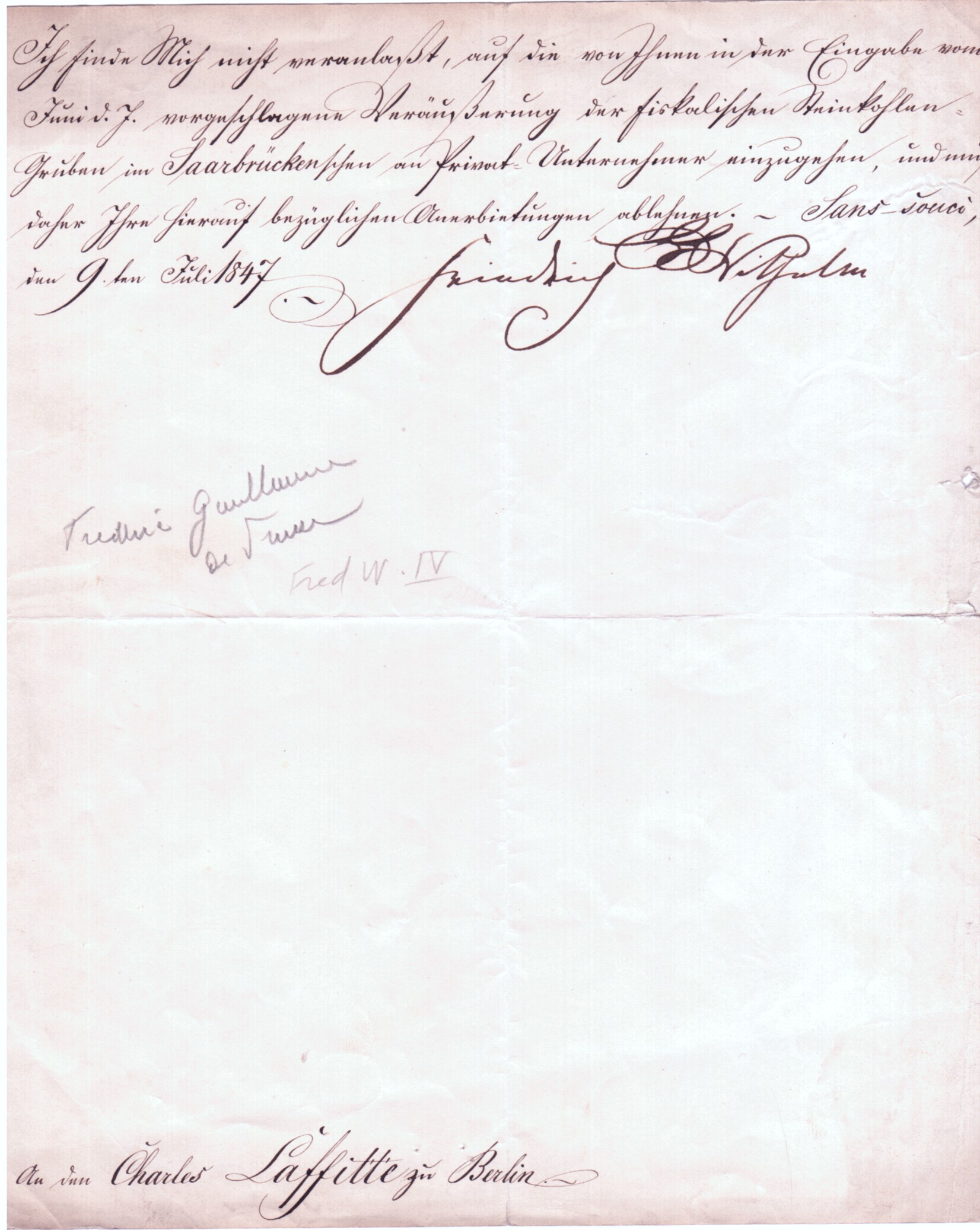 FRIEDRICH WILHELM IV — Letter  in German with translation, signed 'Friedrich Wilhelm', to the French Financier & railway entrepreneur, Charles Laffitte in Berlin, | Sophie Dupré Autographs