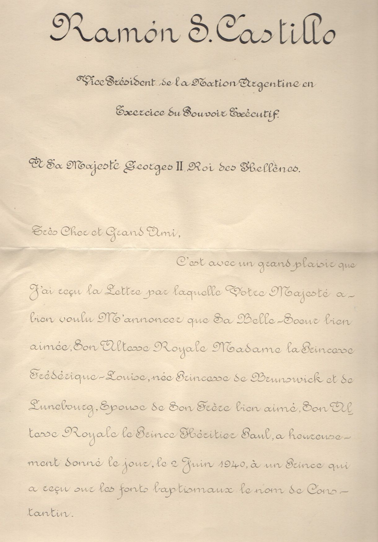 CASTILLO — Fine manuscript letter in French with translation,  signed,  addressed to  GEORGE II  King of Greece, | Sophie Dupré Autographs