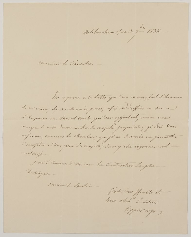 POZZO DI BORGO — Autograph letter in French with translation, signed, to a Knight | Sophie Dupré Autographs