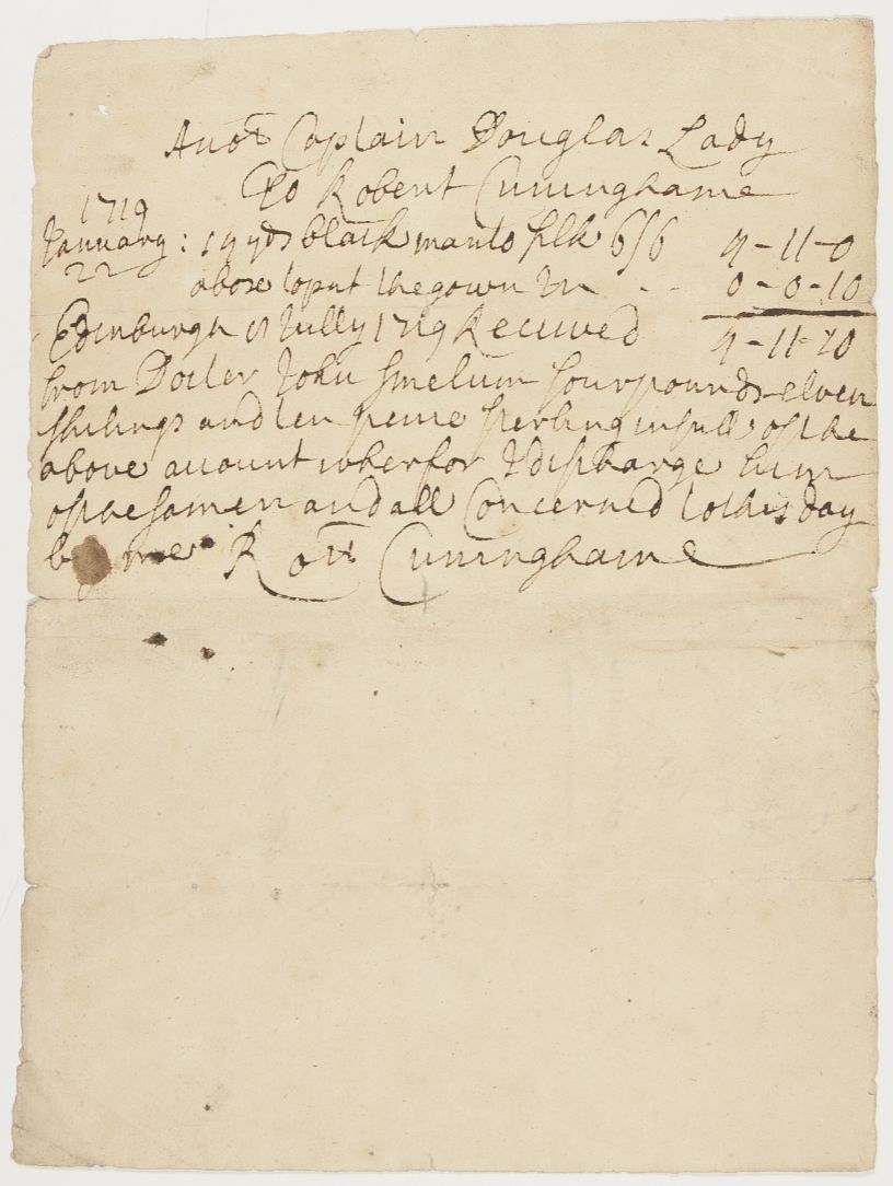CUNINGHAME — Receipt signed On Accompt of Captain Douglas' Lady | Sophie Dupré Autographs