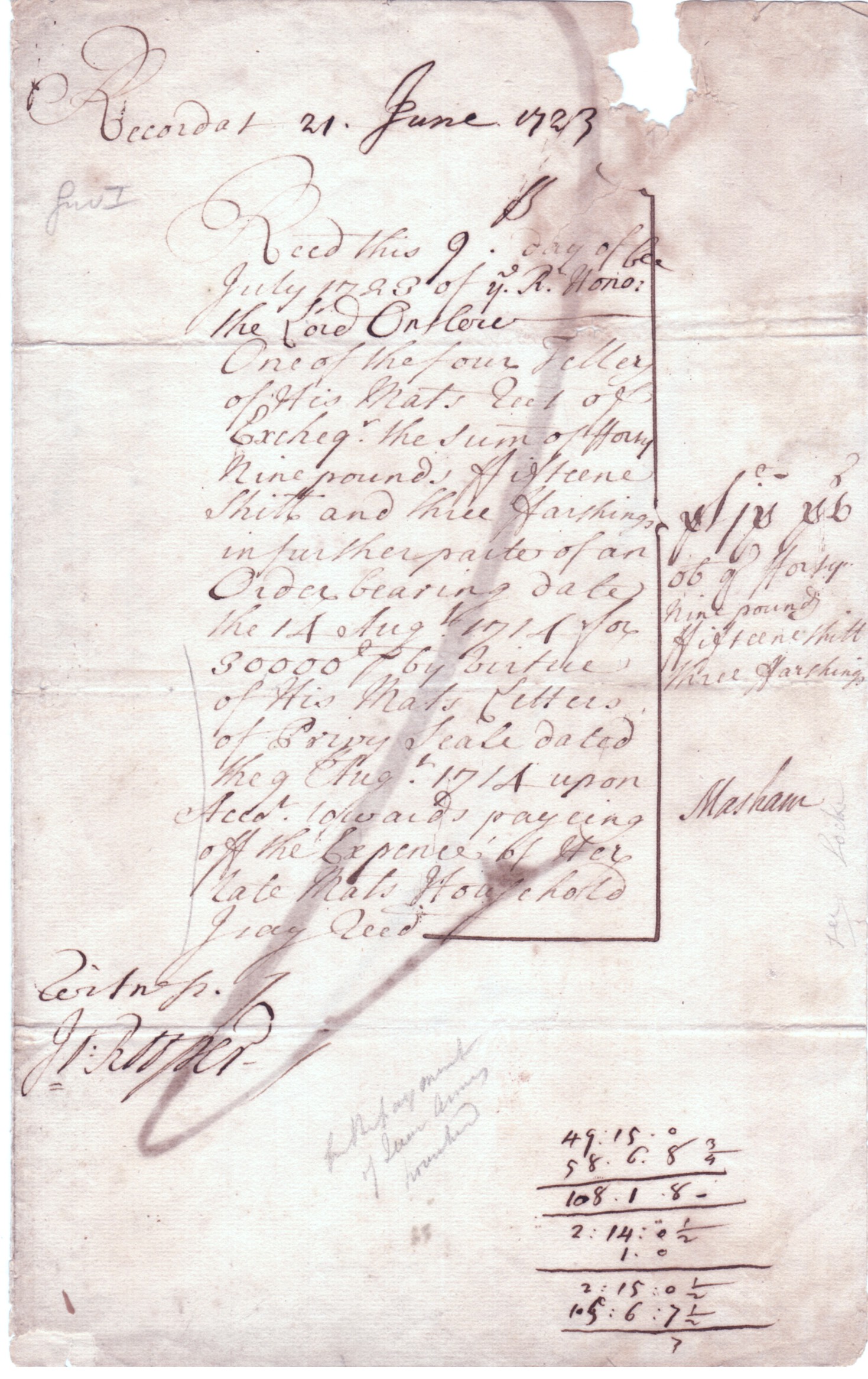 MASHAM — Fine receipt signed 'Masham' to Thomas Onslow, | Sophie Dupré Autographs