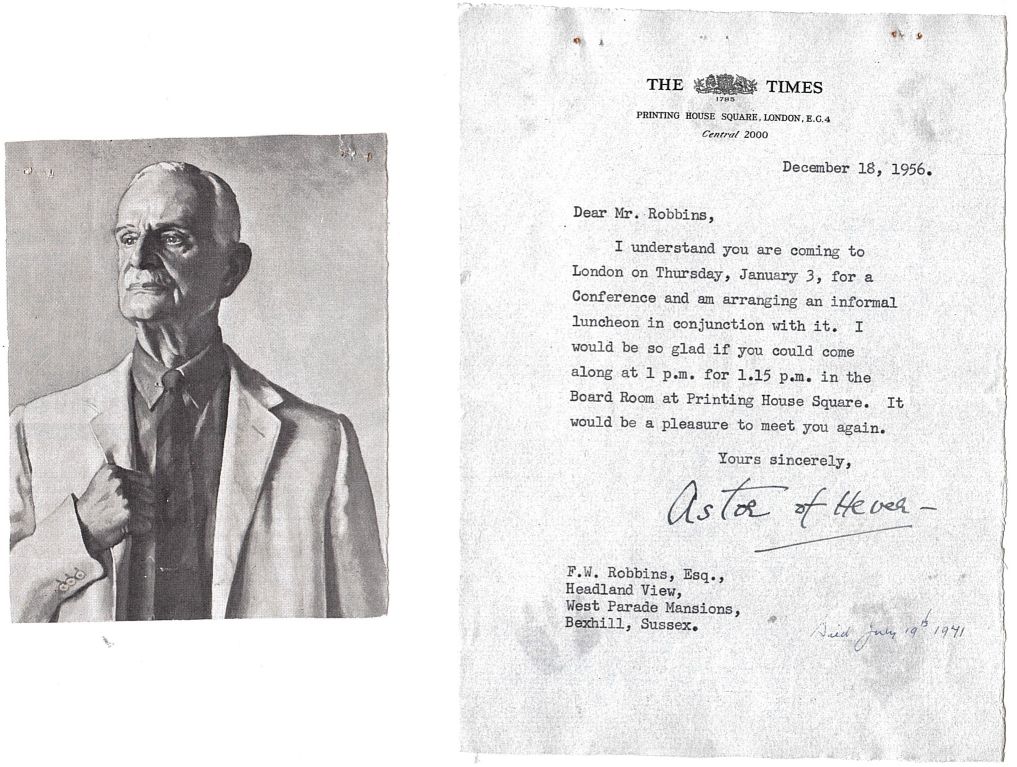 ASTOR — Typed Letter Signed to F.W. Robbins, | Sophie Dupré Autographs