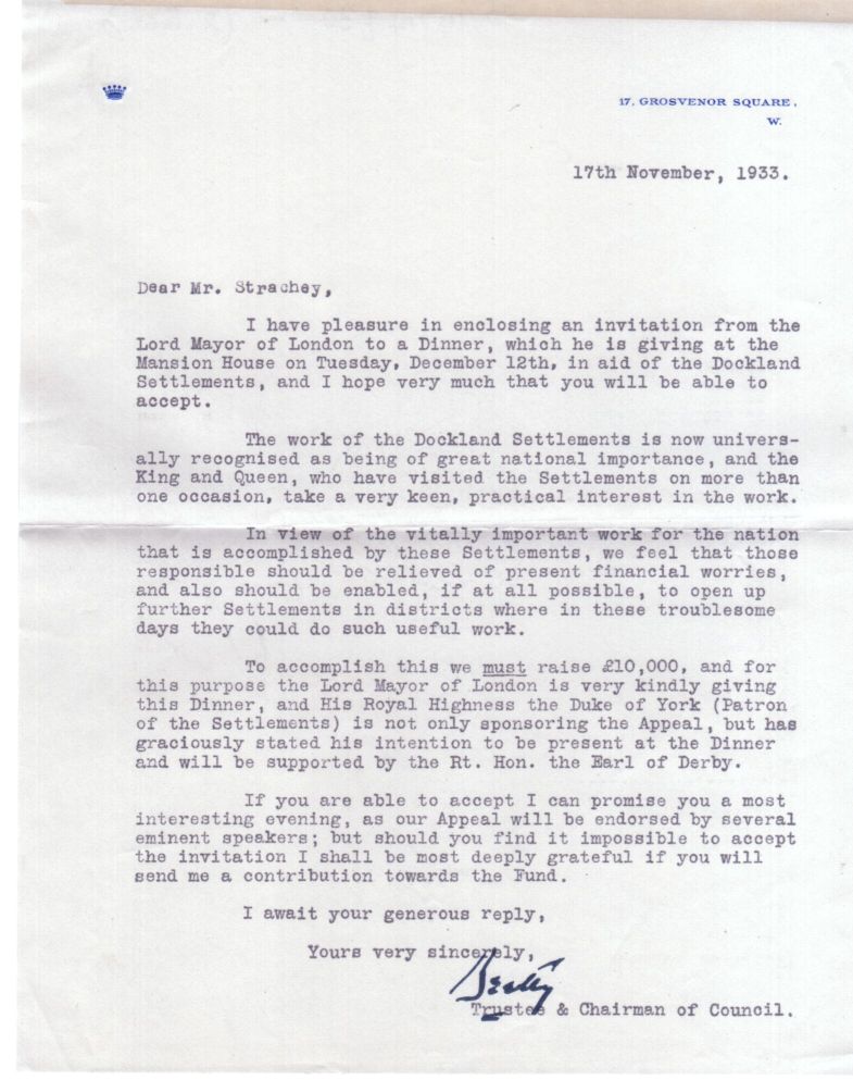 BEATTY — Typed letter with stamped signature to John St. Loe Strachey, | Sophie Dupré Autographs