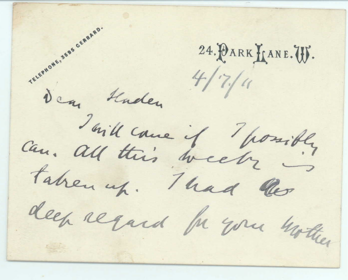 BRASSEY — Autograph Letter Signed on card, to 'Dear Haden', | Sophie Dupré Autographs