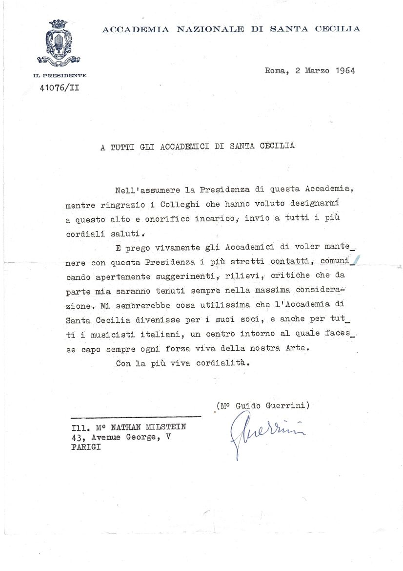 GUERRINI — Typed letter in Italian with translation, signed, to  Nathan MILSTEIN , | Sophie Dupré Autographs