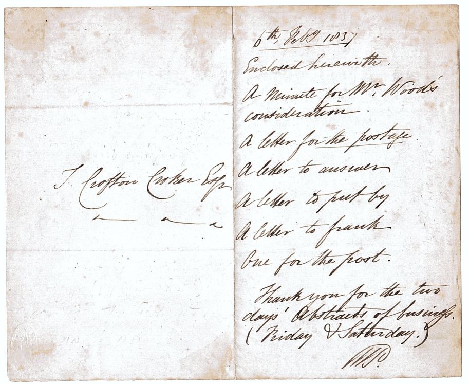 PARRY — Autograph note signed with initials to  T. Crofton CROKER | Sophie Dupré Autographs