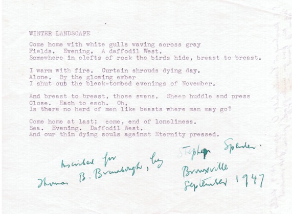 SPENDER — Typed poem signed with autograph inscription to Thomas B. Brumbaugh, | Sophie Dupré Autographs