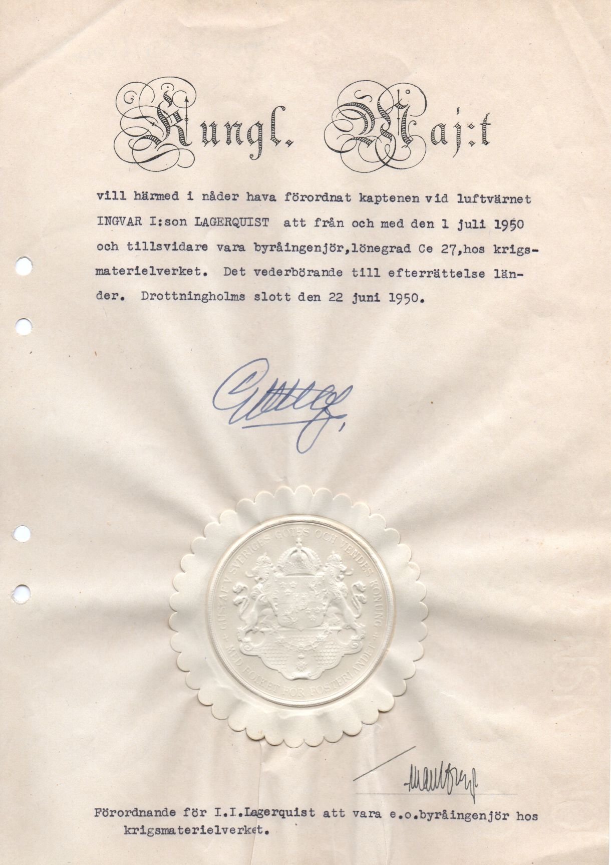 GUSTAF V — Typed Letter of Appointment Signed, in Swedish with translation, appointing Air Defence Captain Ingvar I:son Lagerquist | Sophie Dupré Autographs