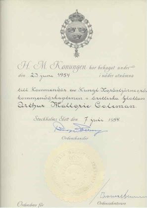 [GUSTAF VI ADOLF — Letter of Appointment, in Swedish with translation, naming Commander Arthur Mallorie Coleman, O.B.E, D.S.C., R.N. (retd.), | Sophie Dupré Autographs