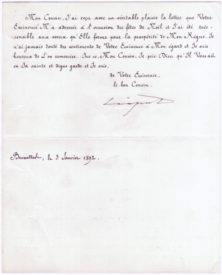 LEOPOLD II — Letter Signed, in French with translation, to James Gibbons, | Sophie Dupré Autographs