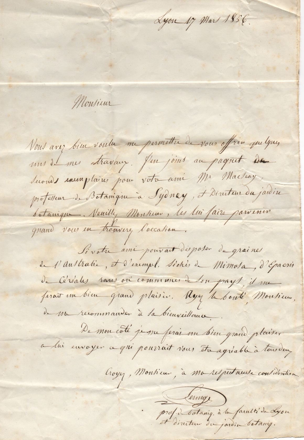 SERINGE — Autograph letter signed, in French with translation, to Matthew Henry Marsh, | Sophie Dupré Autographs