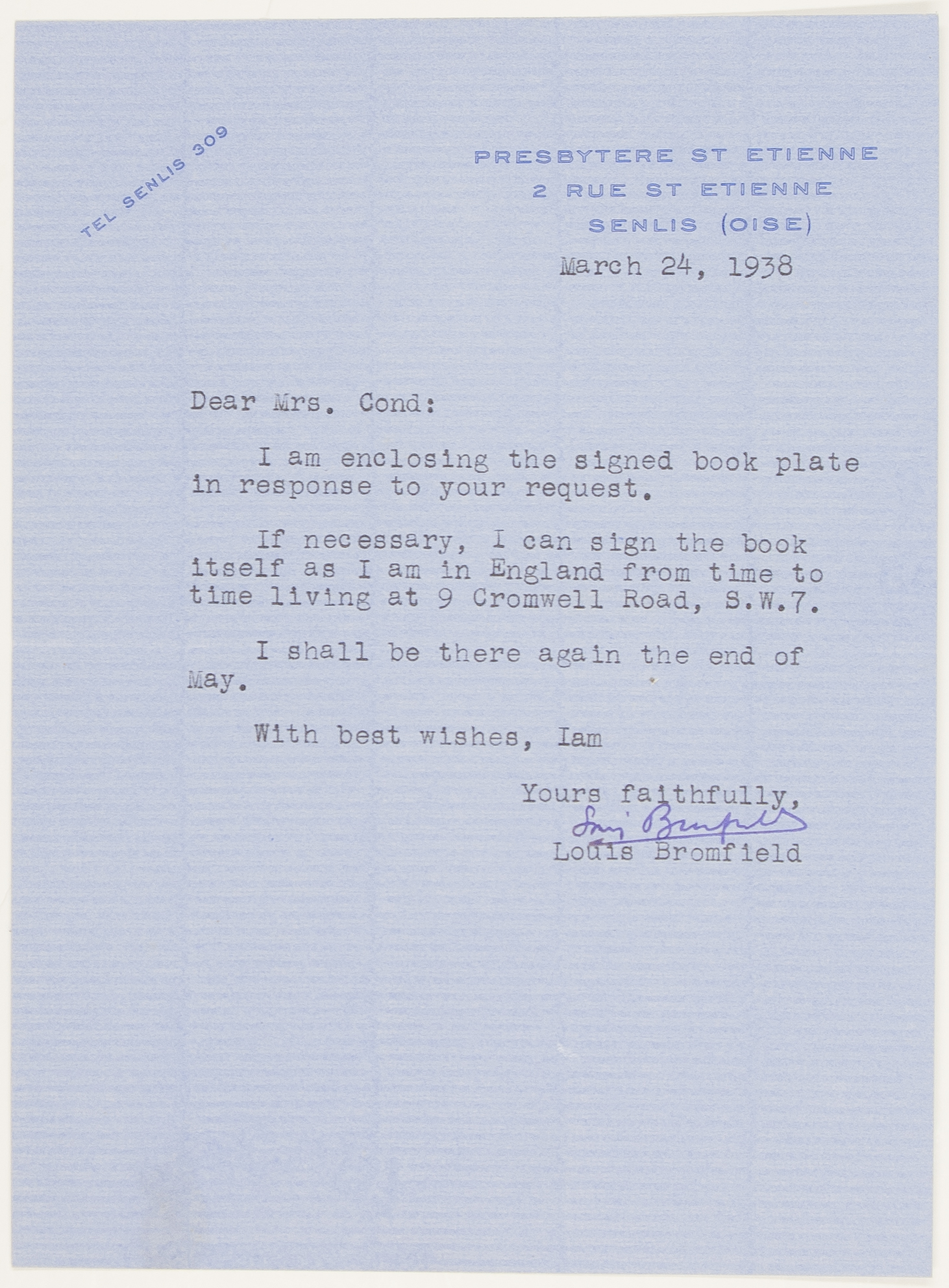 BROMFIELD — Typed Letter Signed to Eileen Cond, | Sophie Dupré Autographs