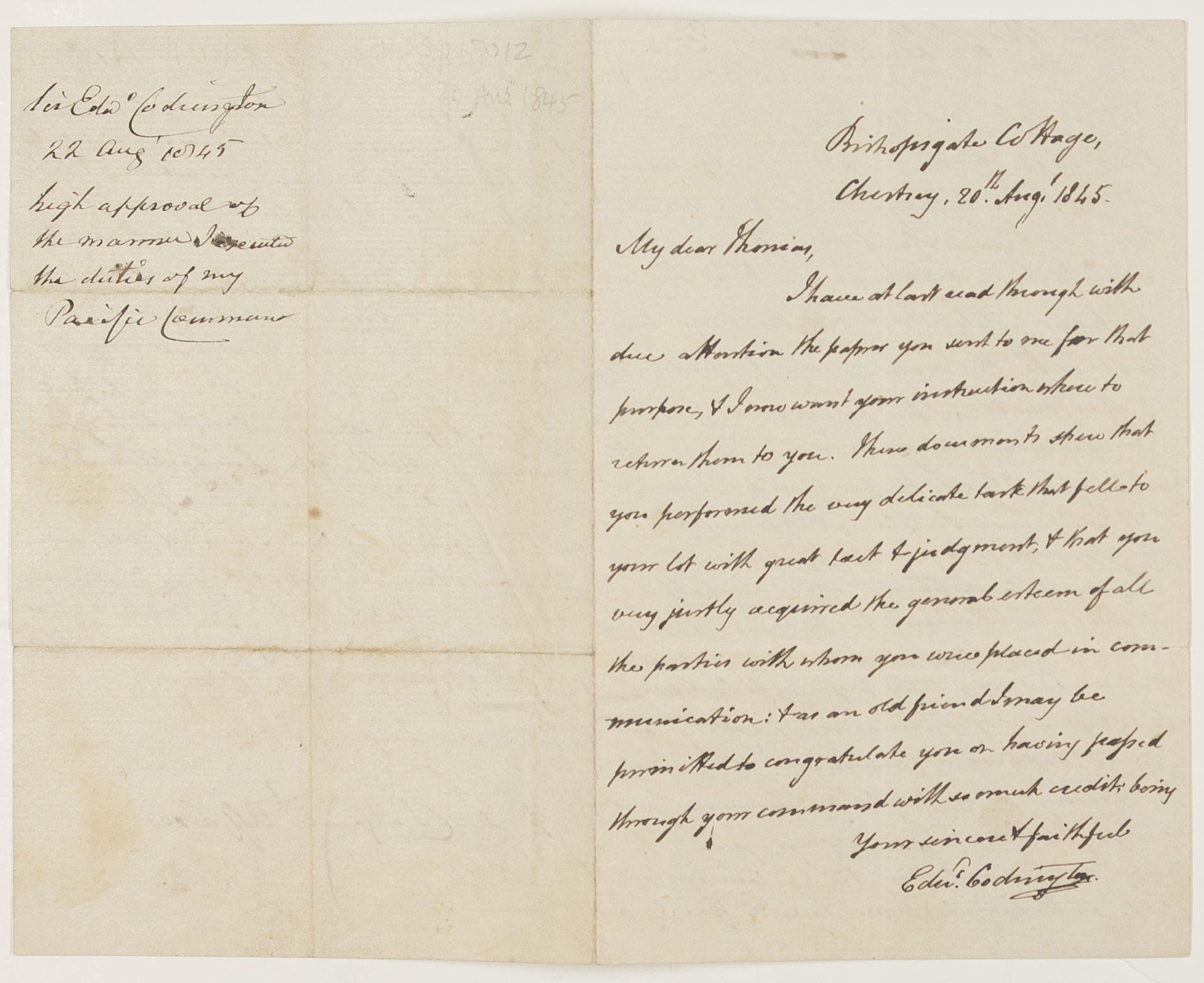 CODRINGTON — Autograph Letter Signed to Admiral Sir Richard Thomas, | Sophie Dupré Autographs