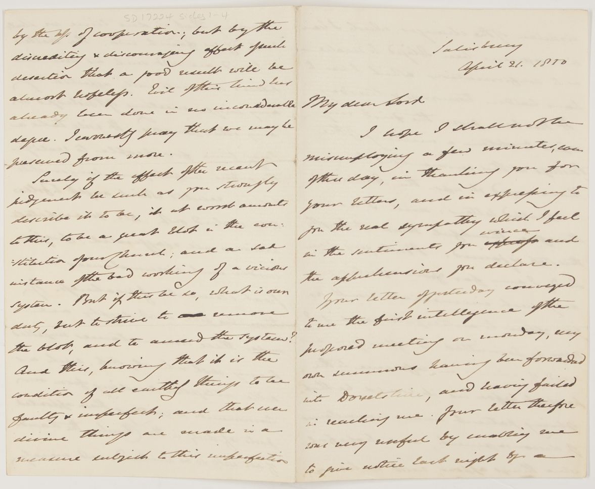 DENISON — Long Autograph Letter Signed 'E.Sarum' to 'My dear Lord' | Sophie Dupré Autographs