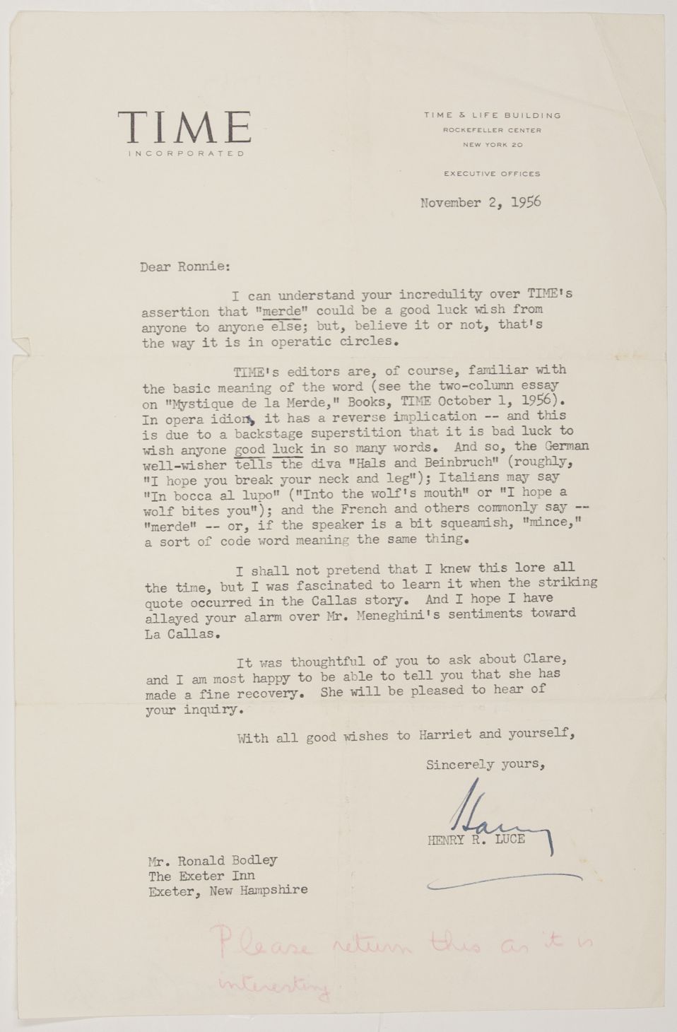 LUCE — Typed Letter Signed 'Harry' to Ronald Bodley, | Sophie Dupré Autographs