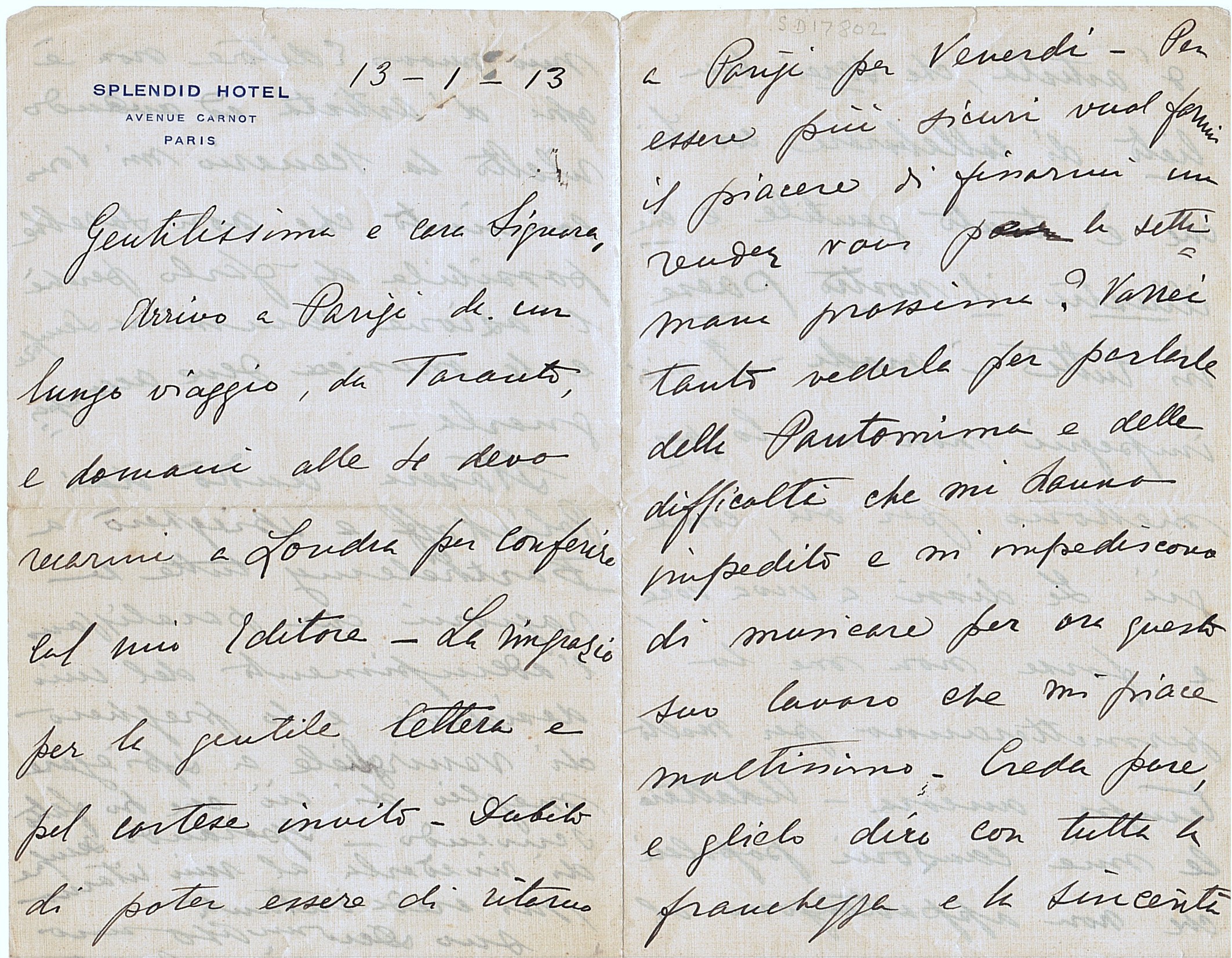 COSTA — Long autograph letter signed to 'Dearest Signora', Mme Ernesta Stern, | Sophie Dupré Autographs