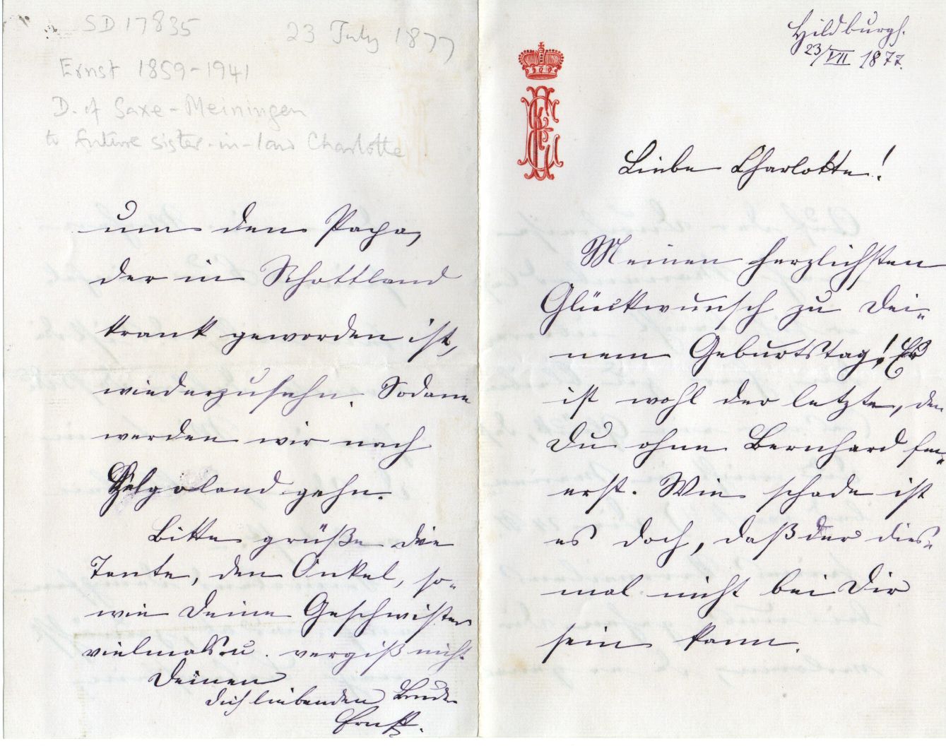 ERNST — Autograph letter signed, in German with translation, to Princess Charlotte of Prussia, | Sophie Dupré Autographs