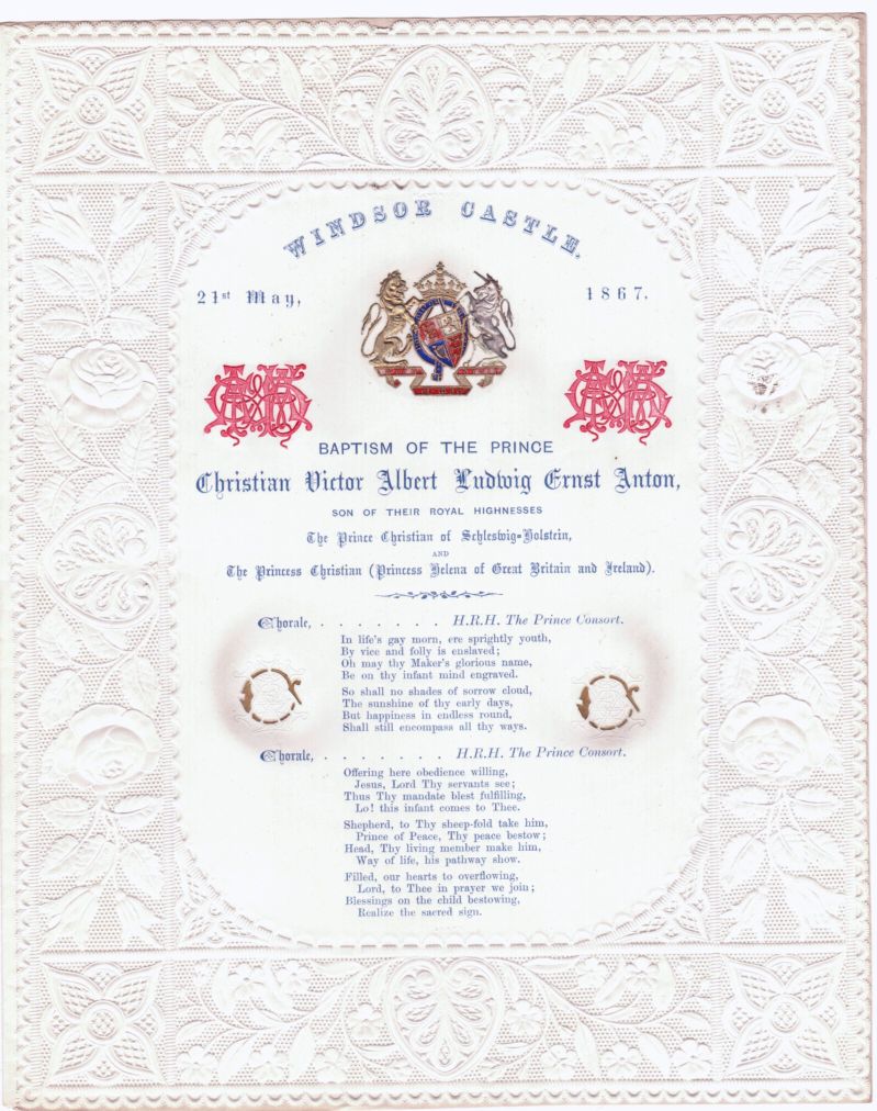 CHRISTIAN VICTOR — Exceptional printed hymn sheet for the Prince's baptism, | Sophie Dupré Autographs