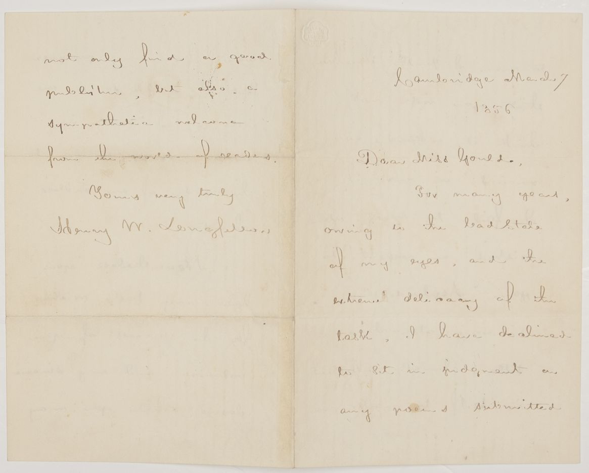 LONGFELLOW — Fine Autograph Letter Signed to Miss Gould, | Sophie Dupré Autographs