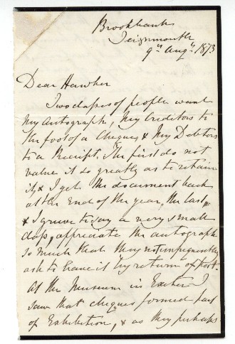 ORMEROD — Amusing Autograph Letter Signed to the 'Revd. Treasurer Hawker', | Sophie Dupré Autographs