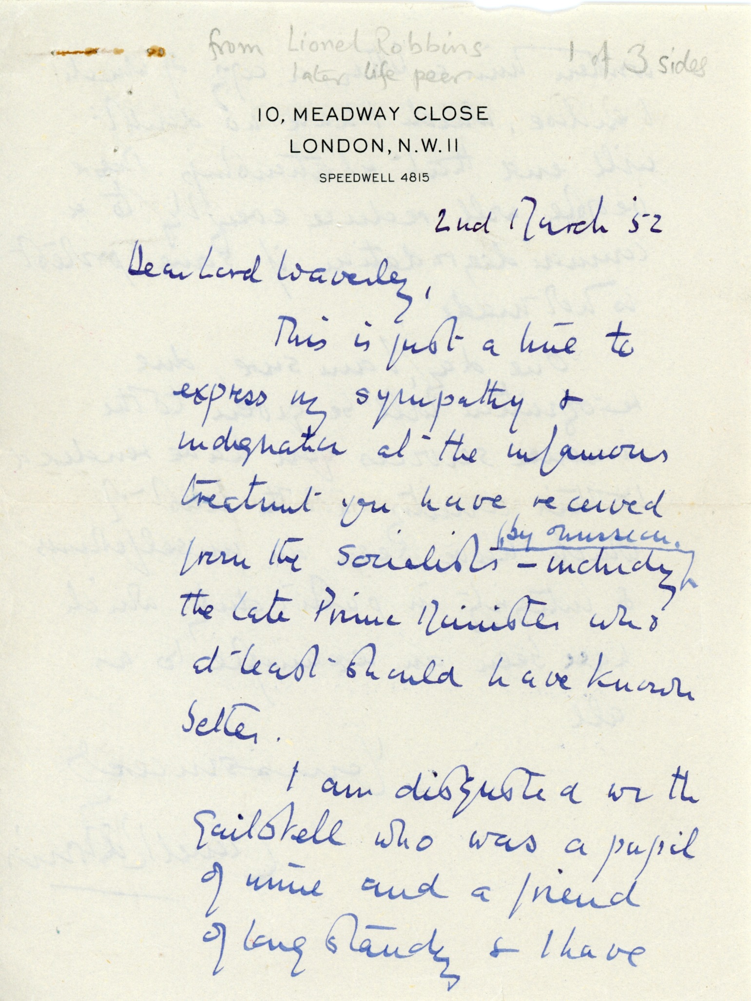 ROBBINS — Remarkable letter to Lord Waverley | Sophie Dupré Autographs