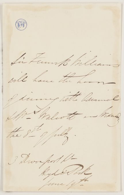 WILLIAMS — Autograph Letter in the third person to Admiral and Mrs Walcott, | Sophie Dupré Autographs