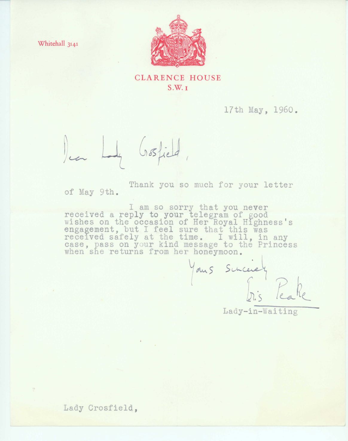 [MARGARET — Typed Letter Signed from the Hon. Iris Peake (the Hon. Mrs Oliver Dawnay, b.1923), | Sophie Dupré Autographs
