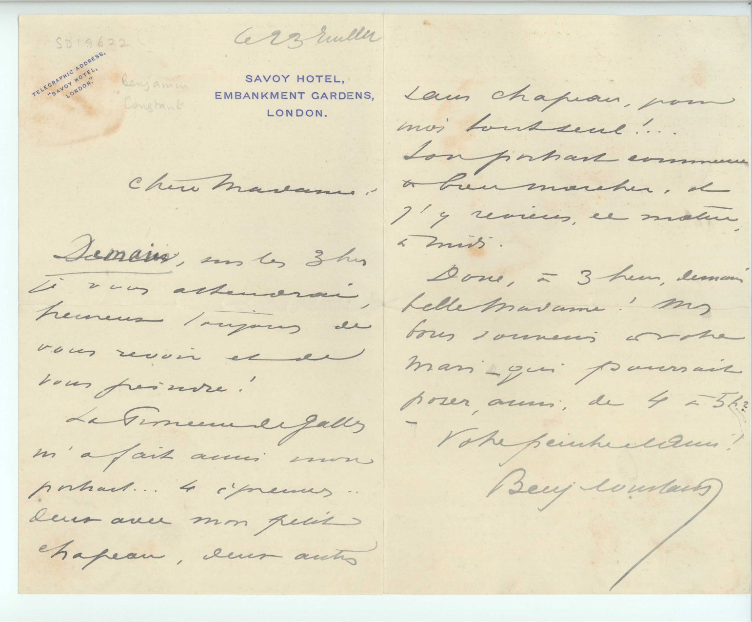 CONSTANT — Autograph Letter Signed, in French with translation, to 'Dear Madame', | Sophie Dupré Autographs