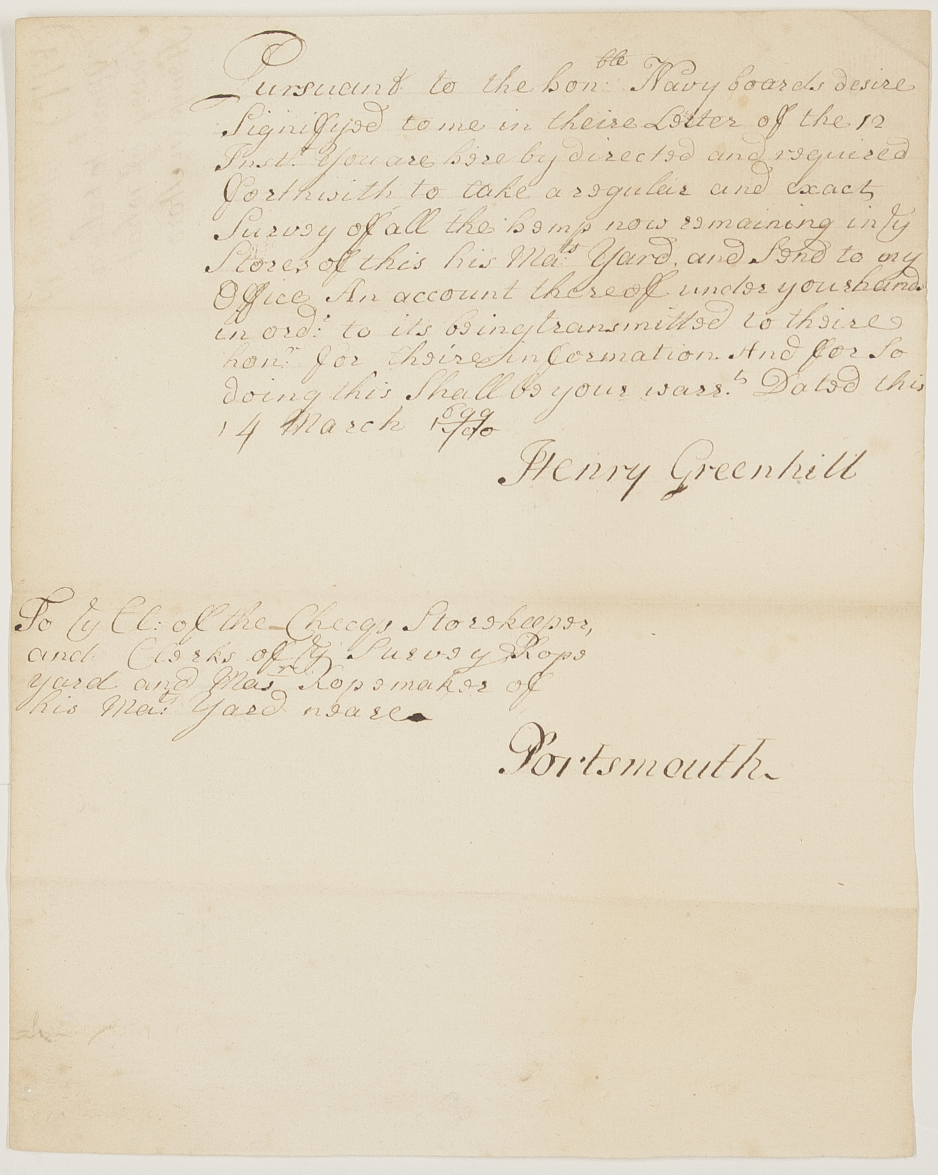 GREENHILL — Document signed as Principal Commissioner of the Navy, | Sophie Dupré Autographs