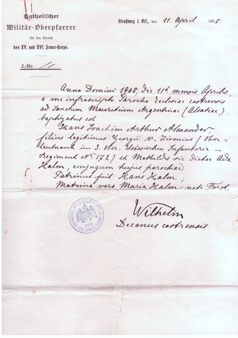 WILHELM — Autograph Certificate Signed of Baptism, in Latin with translation, | Sophie Dupré Autographs