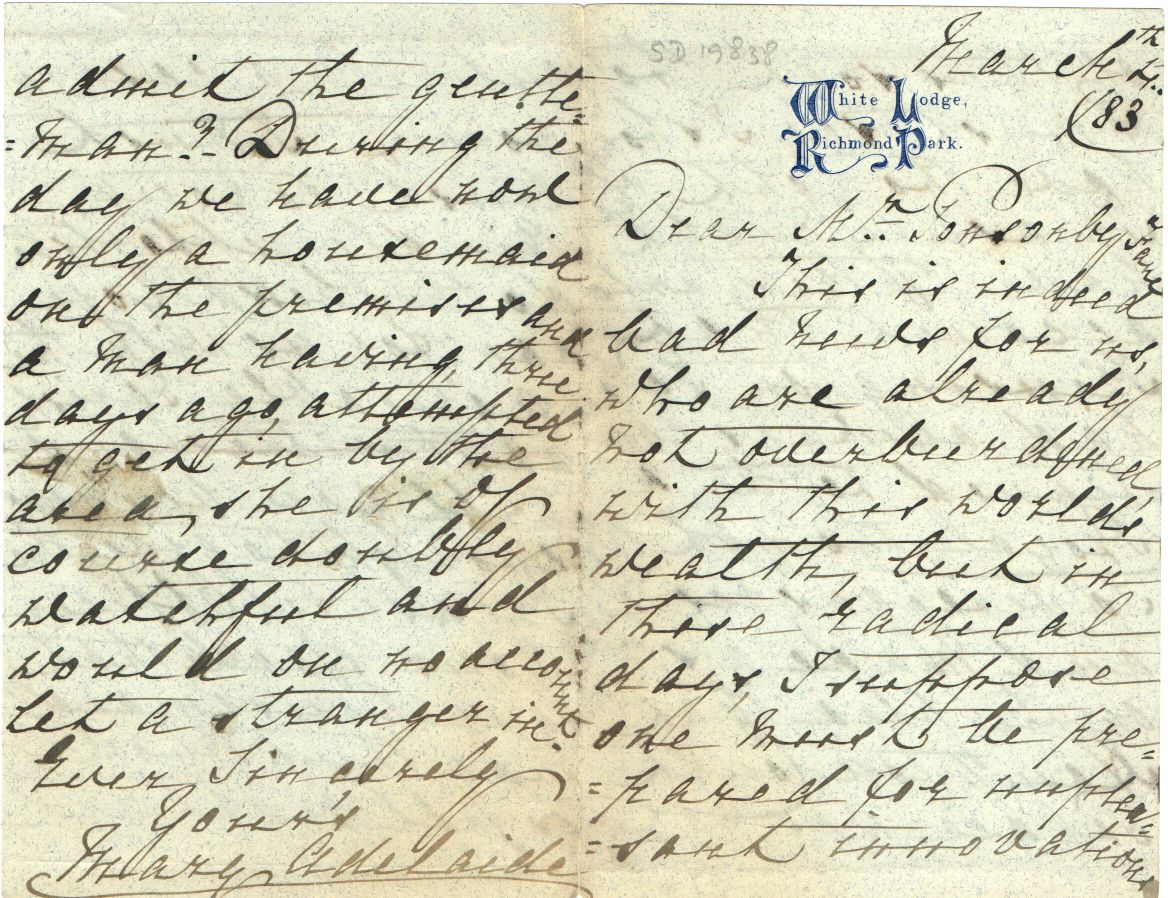 MARY ADELAIDE — Autograph Letter Signed to the Hon. (later Sir) Spencer Ponsonby-Fane, 1824-1915, | Sophie Dupré Autographs