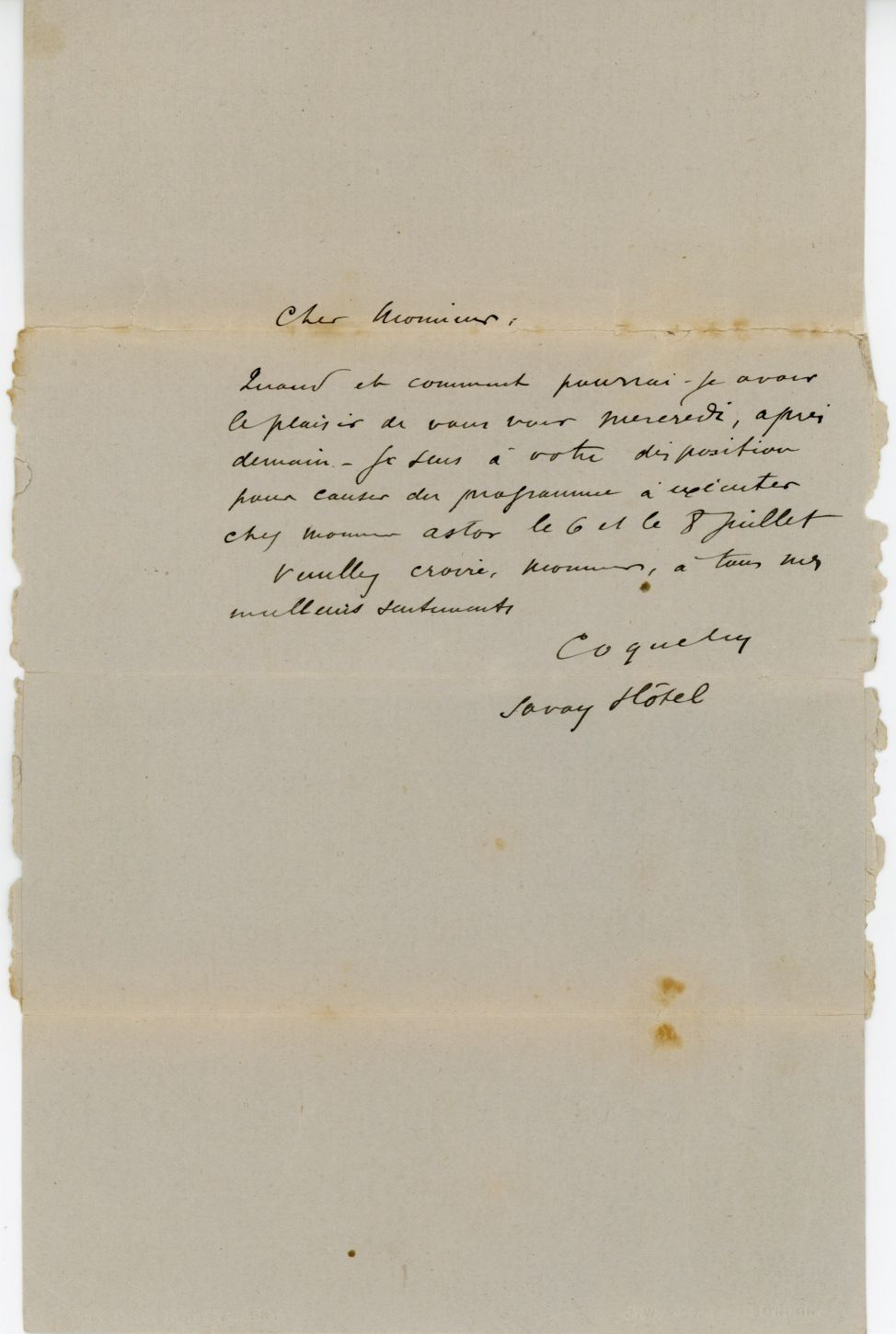 COQUELIN — Autograph Letter Signed in French with translation, to G.T. Maquay at Cliveden, | Sophie Dupré Autographs