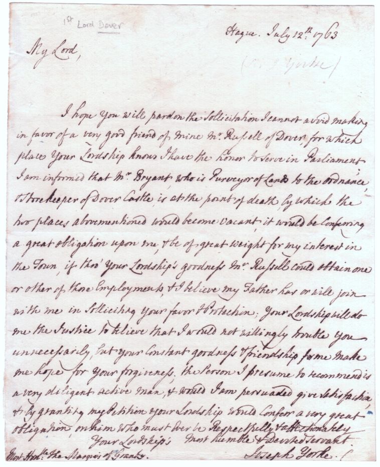 DOVER — Autograph Letter Signed to the  Marquis of Granby,  1721-1770, | Sophie Dupré Autographs