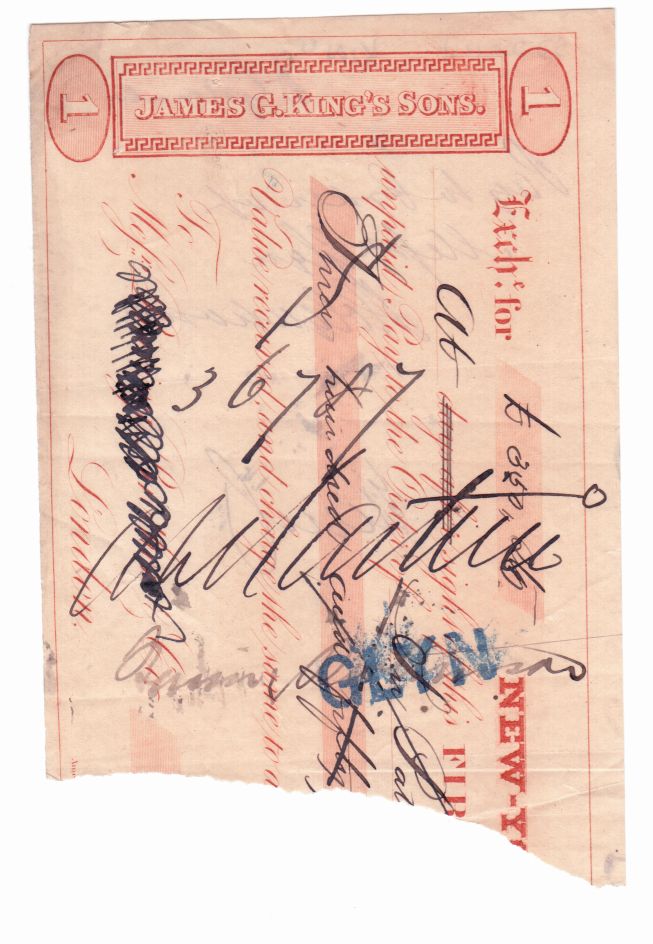 JAMES G. KING & CO. — Part Cheque for £350 payable to Sir  Patrick Colquhoun, | Sophie Dupré Autographs
